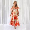 Spring and summer new temperament slim print bubble sleeves big pendulum high-end dress women