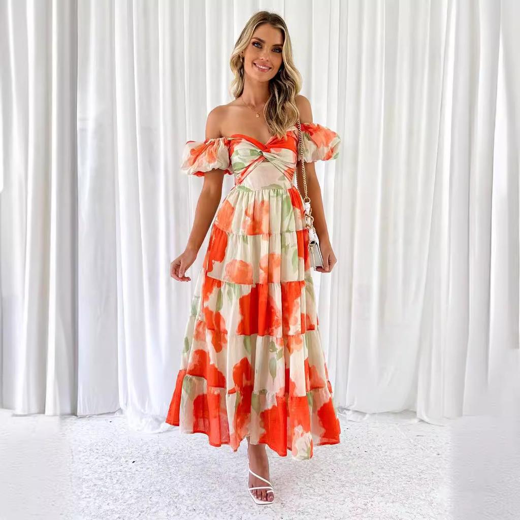 Spring and summer new temperament slim print bubble sleeves big pendulum high-end dress women