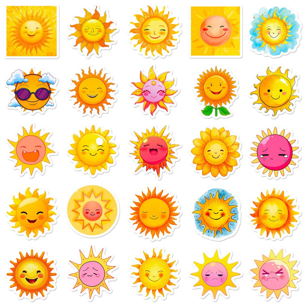 50 Cartoon Sun Stickers Graffiti Sun Emoji Cute Smiley Face Personality Children Stickers Te
