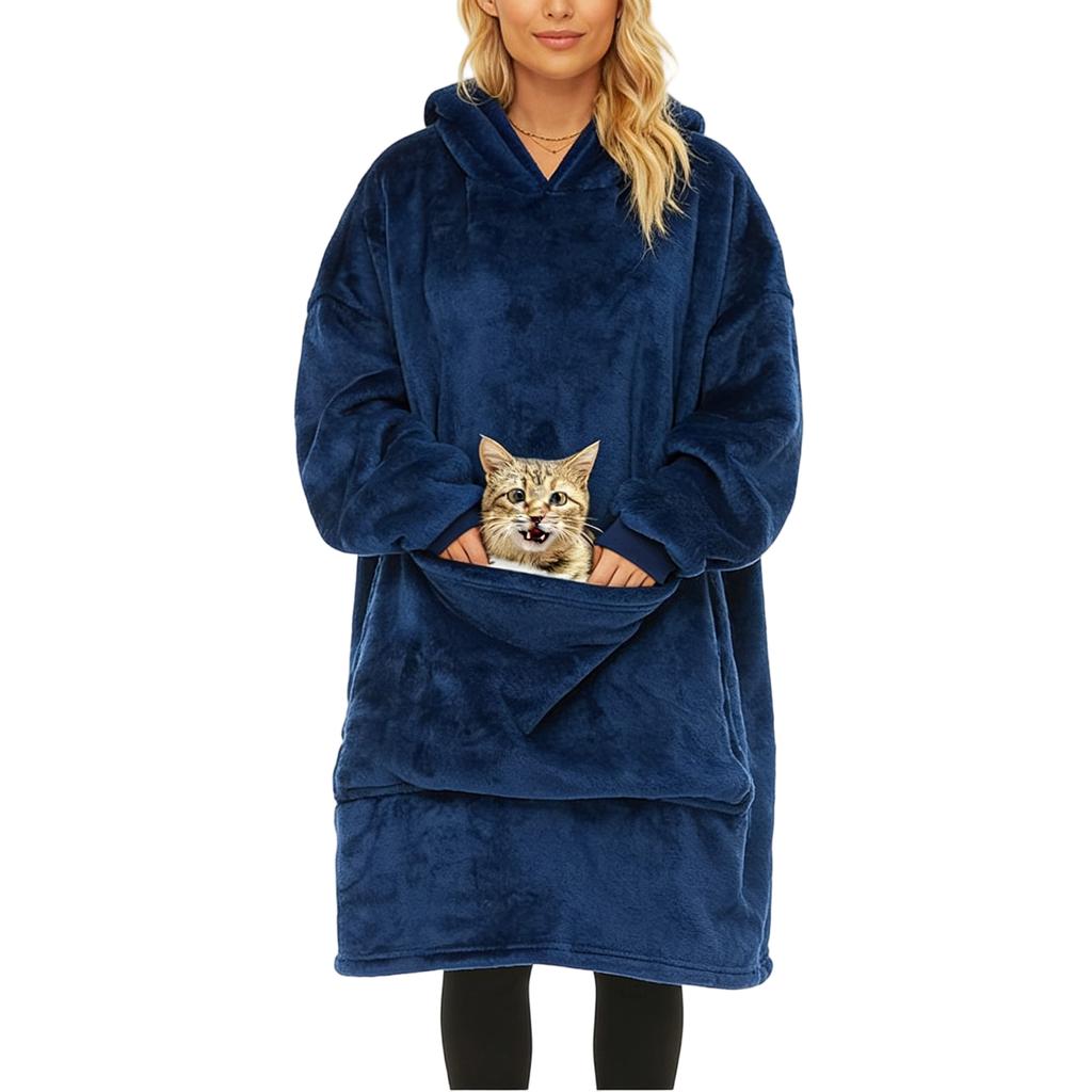 Pyjama/Bademantel aus Flanell mit tragbarer Decke - Kapuze, extra großer, weicher und warmer Kapuzenpullover aus Lammwolle mit extra großer Haustiertasche.