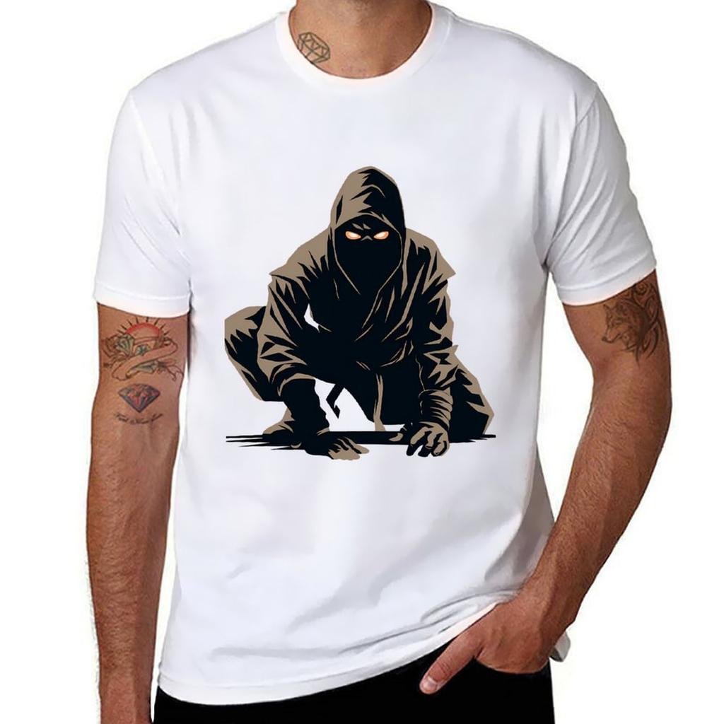 Crouching Ninja In Dark Hood Winter Clothes Tshirt Basic Casual Wear Short Sleeve Top