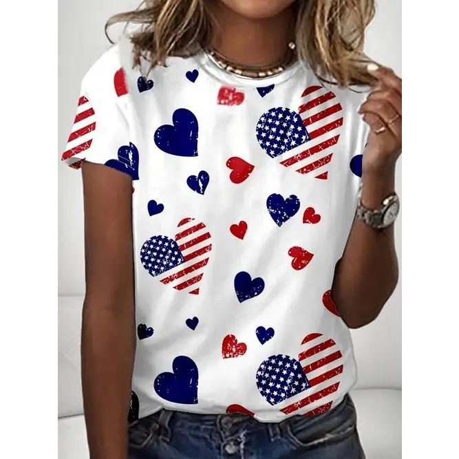Summer Round Neck American Flag Theme Pattern 3D Print Top Fashionable Casual Short Sleeved Women's T-shirts
