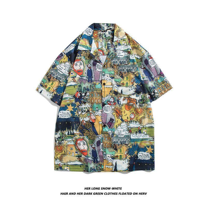 Straight Streetwear Fashion Casual Shirts Turn-down Collar Man Short Sleeve Button Printing Spring Summer Thin Men's Clothing
