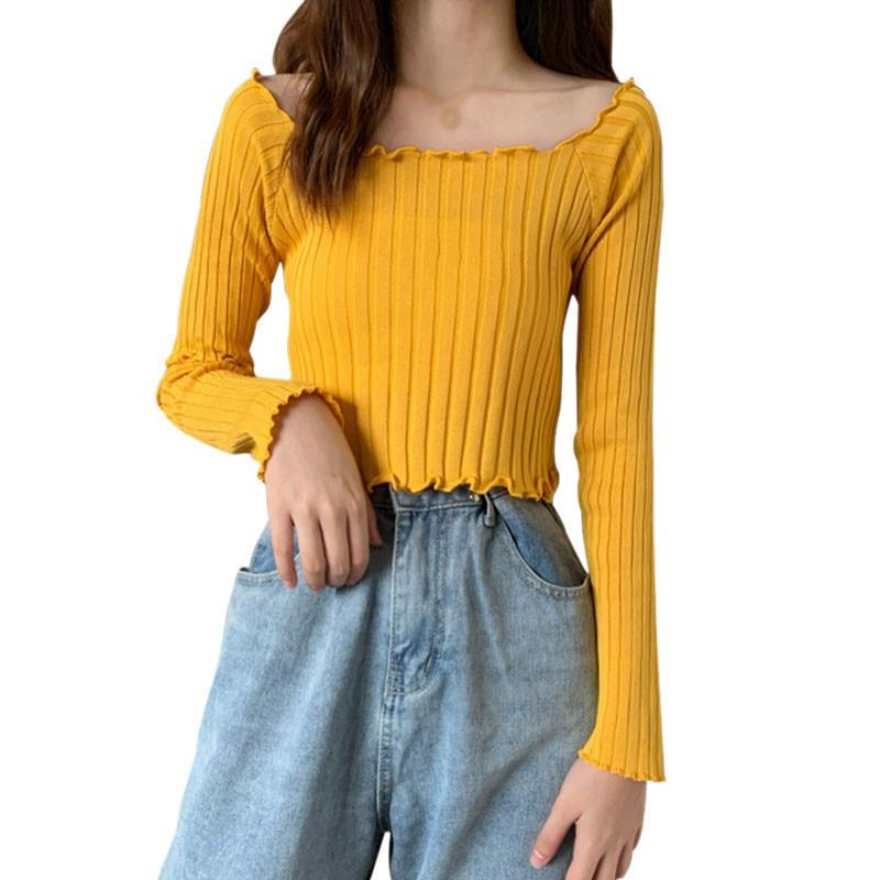 

Женский свитер с квадратным вырезом и длинными рукавами, трикотажные базовые эластичные пуловеры, осенние однотонные джемперы One Size жёлтый