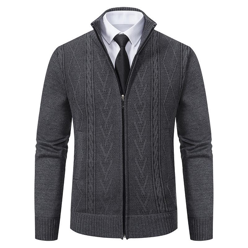 New Men's Autumn Winter Cardigan Stand Collar Slim Fit Sweater Jacquard Coat Thickened Warm Trendy Casual Versatile Knitwear