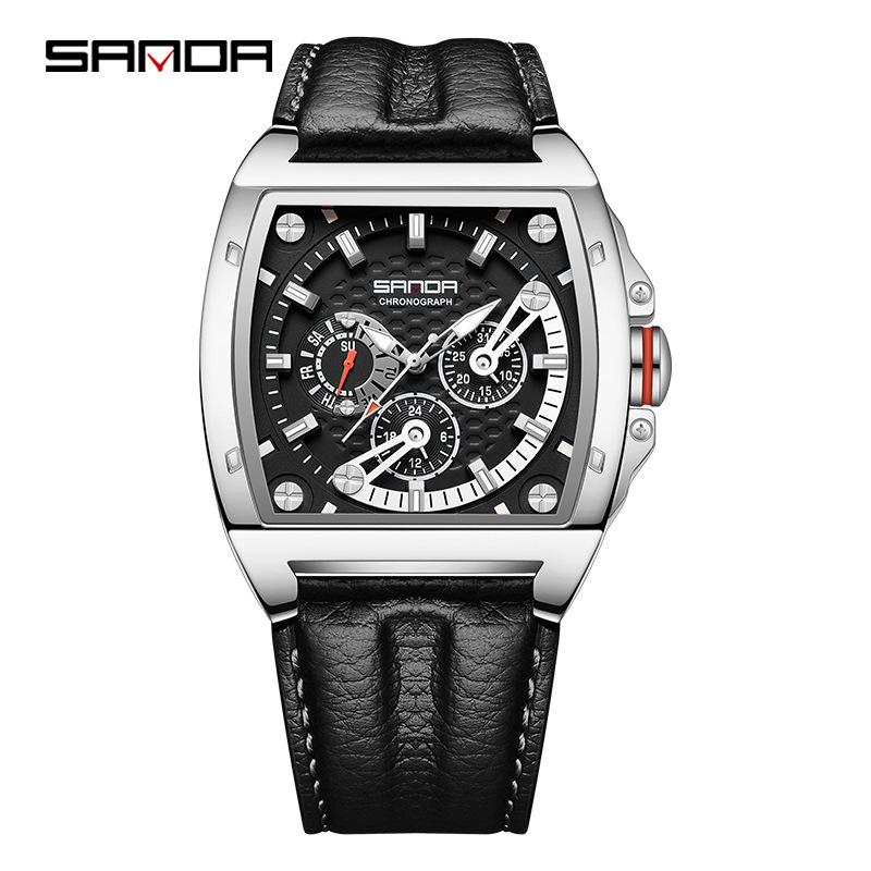 Sanda Quartz Watch Square Belt Three Eyes Six Needles Nail Scale Fashion Trend Fluorescent Watch