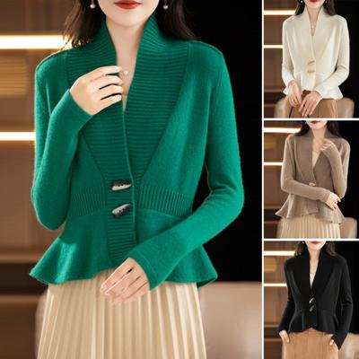 Damen Pullovermantel mit V-Ausschnitt, langen Ärmeln, gerüschtem Saum, Strickpullover, einfarbig, schmale Passform, taillenenge Pullover-Strickjacke