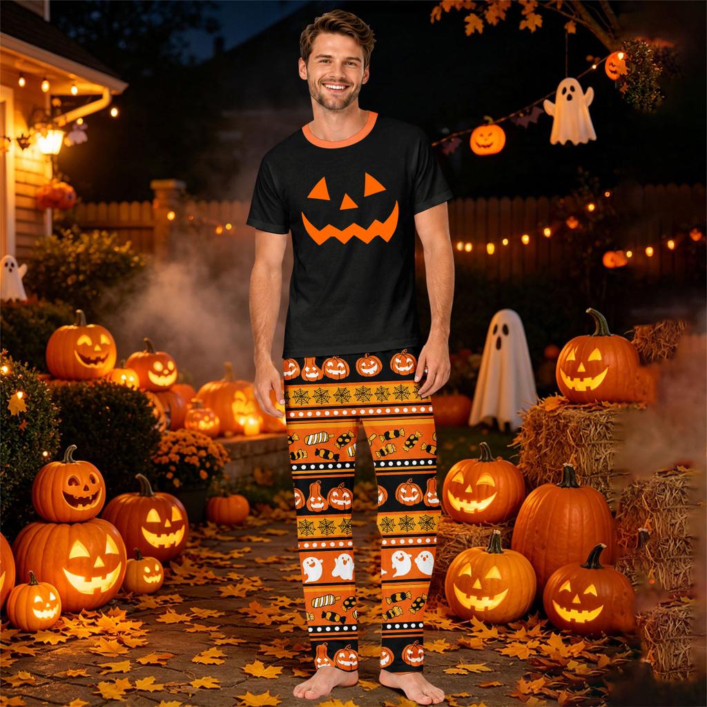 Family Matching Halloween Print Pajama Set Short Sleeve Top and Pants for Parents and Kids