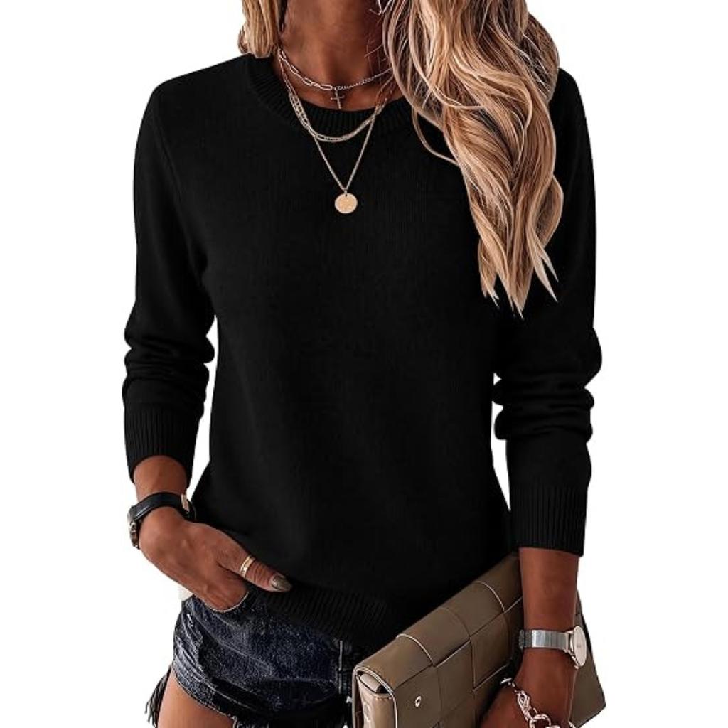 Women's Fashion Crewneck Long Sleeve Knit Sweater Color Versatile Pullover for Fall and Winter