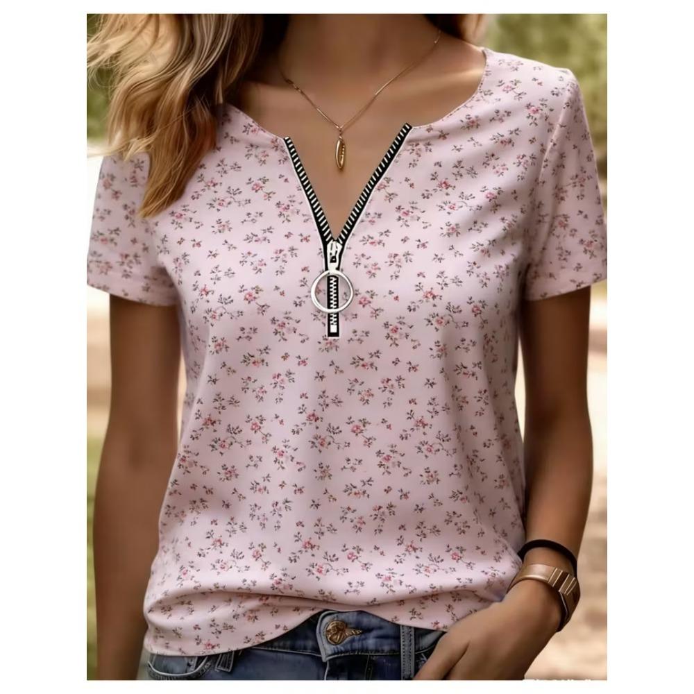 Summer Loose T-shirt Fashionable and Elegant Zipper V-neck Color Blocked Printed T-shirt Plus Size Women's Short Sleeved Shirt