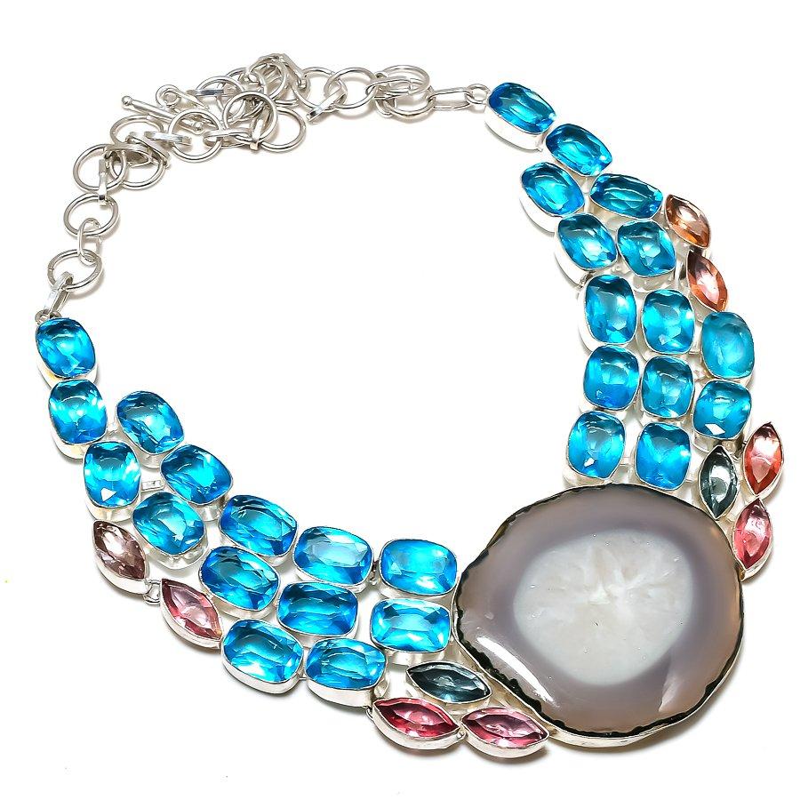 

Кусочек натурального агата, жеода, топаз, ожерелье из стерлингового серебра 925 пробы, 18 дюймов, B6S18