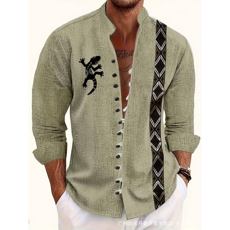 Men S Long Sleeve Chinese Style Button Placket Printed Shirt