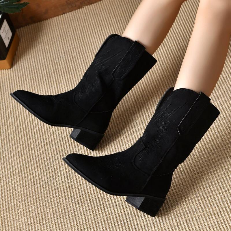 Retro Fashion Embroidered Women's Boots Flock Pointed Toe Square Heel Women Shoes Large Size 35-43 Khaki Casual Mid-Calf Boots