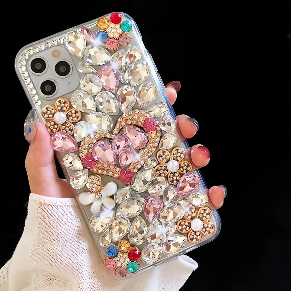 Glitter Rhinestone Phone Case For iPhone 17 16 15 14 13 12 11 Pro Max Air mini 16e 8 7 Plus X XS XR, 3D Crystal Heart Floral Bling Diamond Jewel Cover
