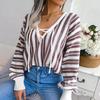 Chic Women's Loose Knitted Sweater with Balloon Sleeve and Contrast Stripe Tie, All Match Tops for Fall Winter