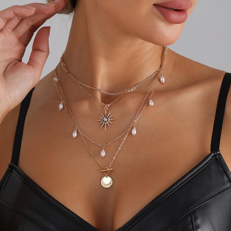 Zircon Star Pearl Pendant Necklace for Women Exquisite Multi-Layer Choker Stackable Collarbone Chains Vintage Versatile Jewelry