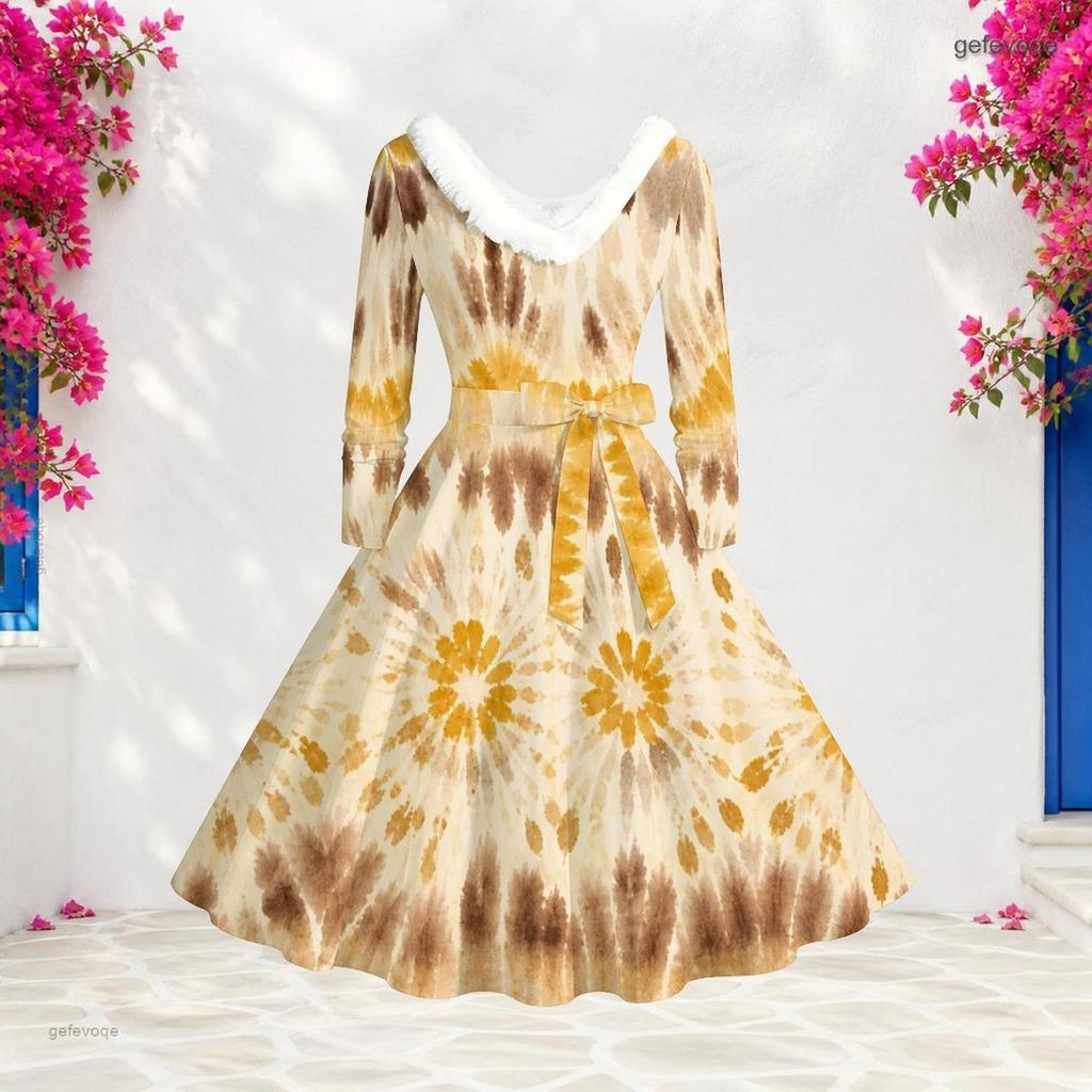 Women Plus Size V Neck Furry Trim Long Sleeve Belted Abstract Print A Line Midi Dress