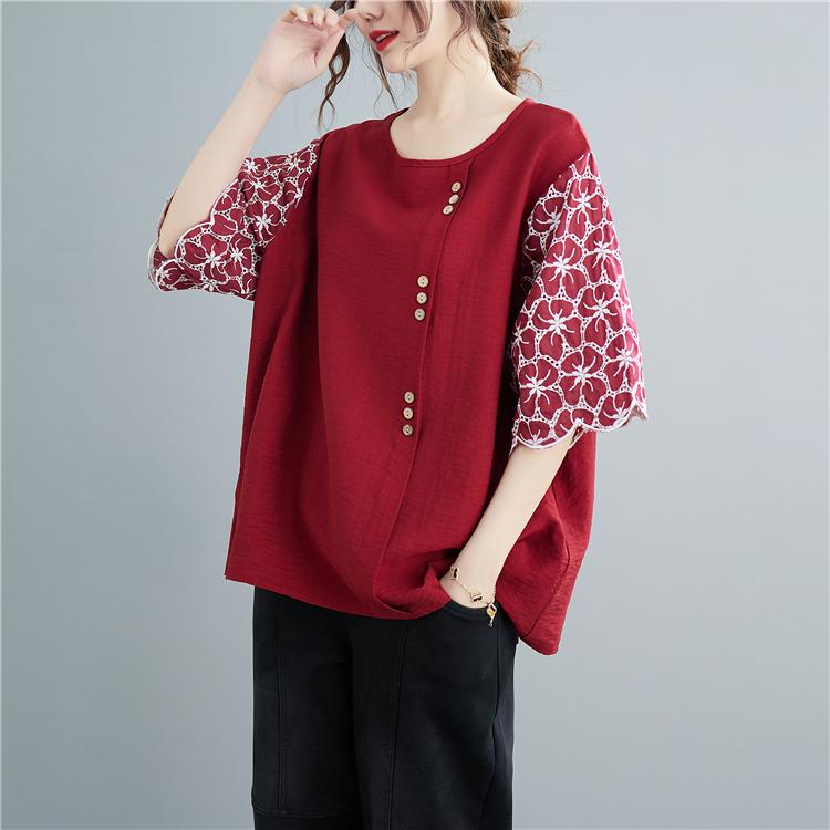 

Летняя блузка MOJTA, женская рубашка большого размера с вышивкой, футболка с короткими рукавами one size красный