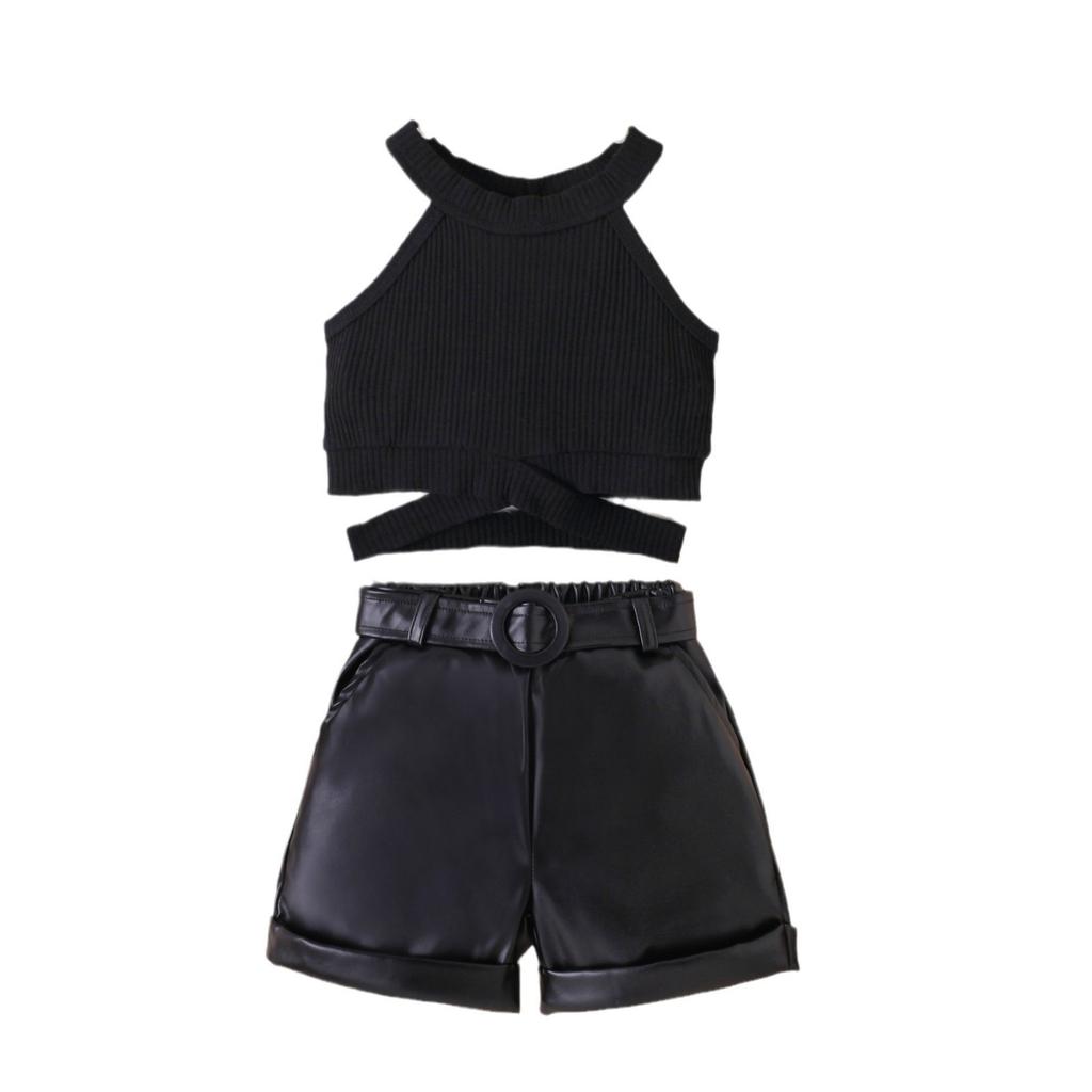 Κοριτσίστικο Σετ Μόδας Καλοκαιρινό Παιδικό Καθημερινό Αμάνικο Τοπ με Λαιμό Χάλτερ PU Δερμάτινο Σορτς Ζώνη Σετ Τριών Τεμαχίων