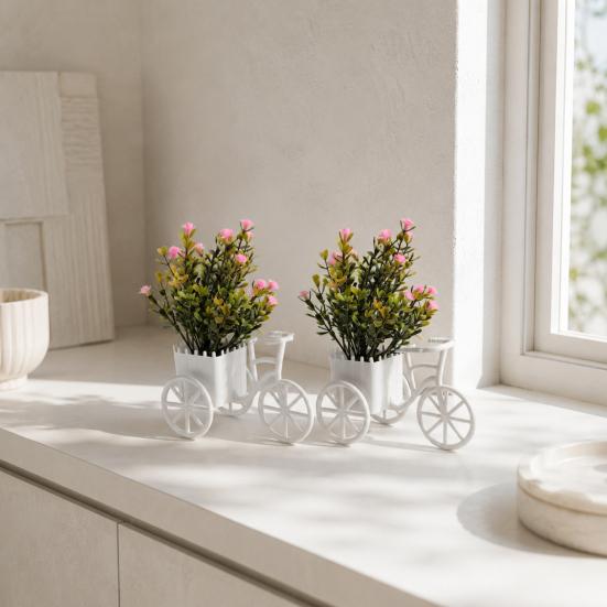 Fake Gypsophila Plant, Rustic Style Pink/Purple Flower Three-Wheel Cart Figurine, Simulated Small Flowers Desktop Home Decor Display Ornament