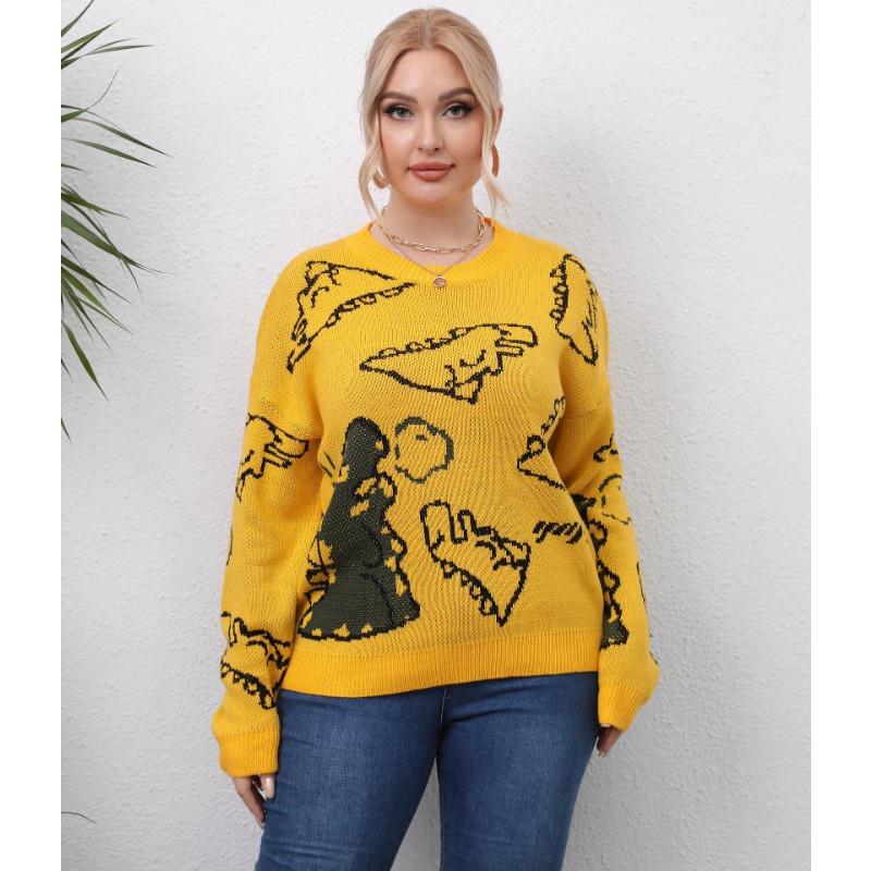 Plus Size Women S Thick Knit Dinosaur Print Pullover Sweater