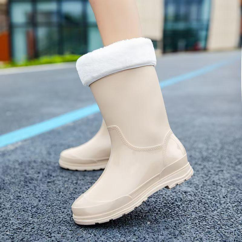 Women's New Low Heel High Top Rain Boots Thick Sole Non Slip Waterproof Detachable Cotton Cover Kitchen Work Shoes Garden Shoes