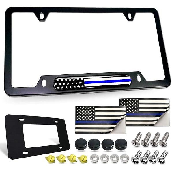 American Flag License Plate Frames - 2 Pack Black Stainless Steel Front Rear Car Tag Frames Printed With Patriotic USA Flag Pattern, With Decals