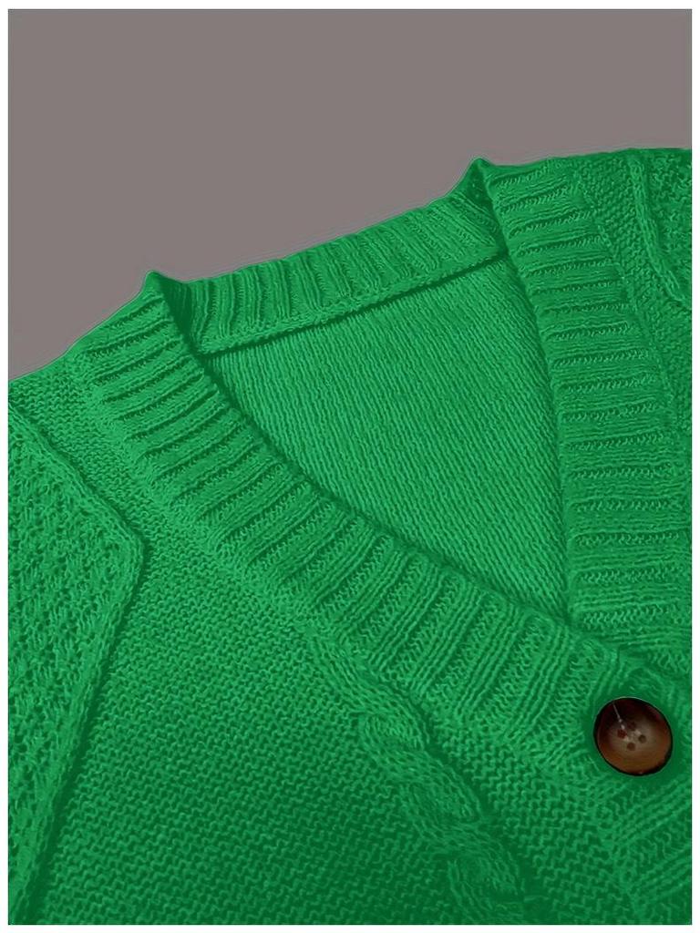 Women's Solid Color V-Neck Long Sleeve Cable Knit Cardigan Sweater Coat