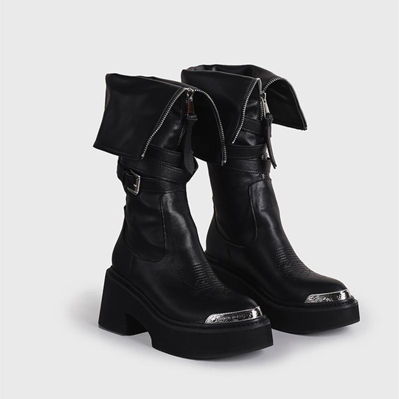 Fashion Autumn Winter Fashion Zipper Leather Women Knee-high Motorcycle Booties Casual Wedges Chunky High heels Knight Long Boots Shoes