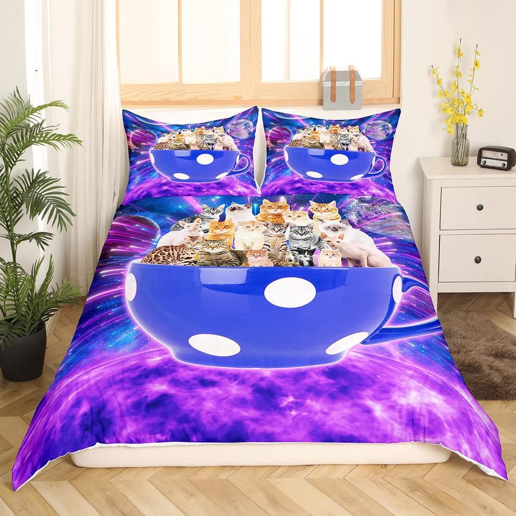 Cute Cat King Queen Duvet Cover Kitten Bedding Set Purple Floral Butterflies Polyester Quilt Cover Pet Animal Comforter Cover