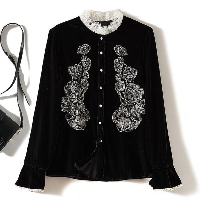 

Gentle Eyelash Lace Women s Stand Collar Shirt! Heavy Industry Artistic Sense Embroidered Beaded Single-Breasted Spring and Autumn Thin Coat Black L