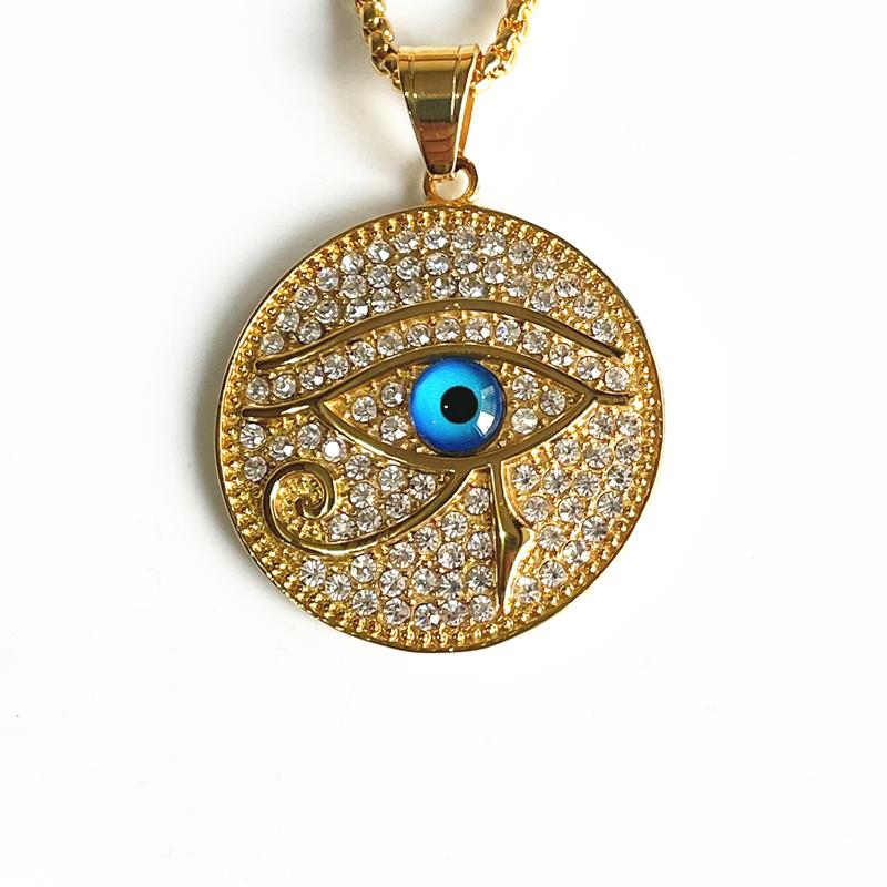Hip Hop Altes Ägypten Runde Schmuckstücke Collares Goldfarbe Edelstahlkette Ägyptisches Auge des Horus Halsketten & Anhänger