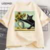 Van Goghs Cat Art Print T Shirt Funny Graphci T Shirts Cotton Trendy Summer Loose Short Sleeved Tshirt Unisex Unisex Harajuku Top