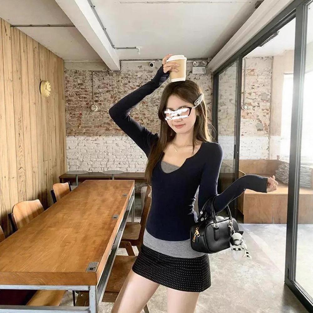 Spicy Girl V-Neck Color Block Long-Sleeve Slim Fit T-Shirt