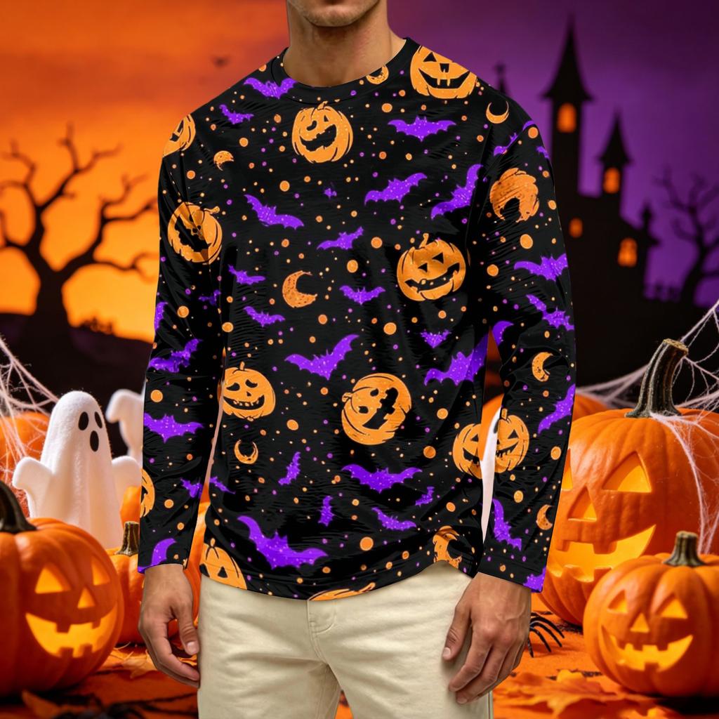 Men's Casual Long Sleeve Crew Neck T-Shirt with All Over Ghost Print Lightweight Comfortable Fit for Everyday Wear