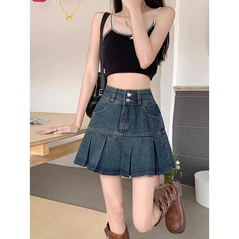 Summer Plus Size High Waisted Pleated Denim Skirt A Line Bodycon Short Skirt