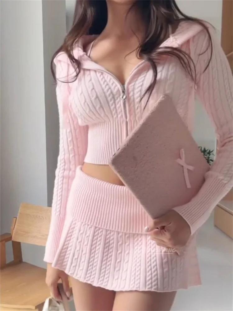 Fashion Hot Girl Pink Knit 2-piece Set Women Design Sweet Skinny Long Sleeve Hooded Tops Female + Elastic Waist Short Skirt New