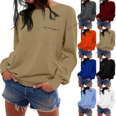 Women's Fashion Solid Color Round Neck Long Sleeve Pocket Loose T-shirt Top