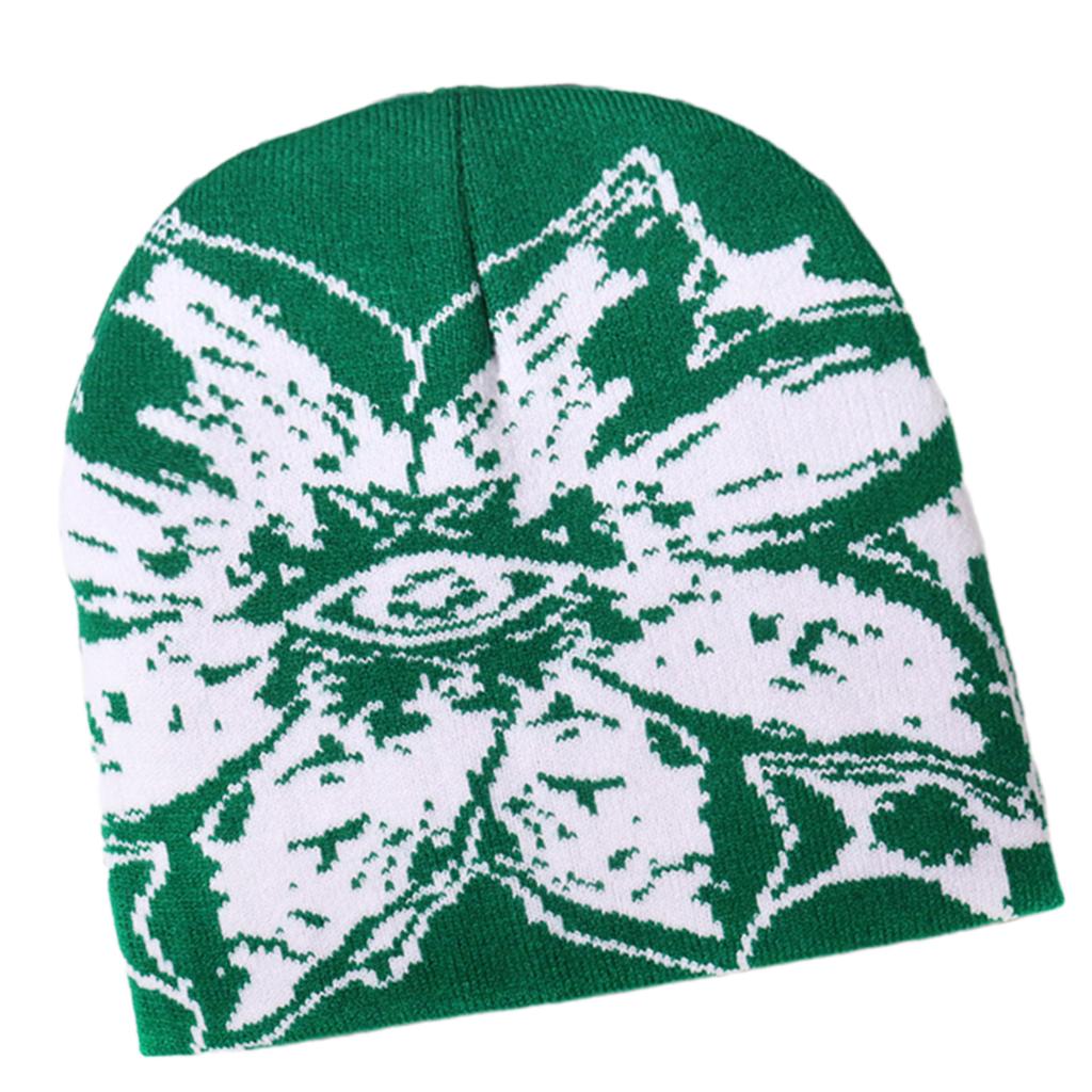 Unisex Jacquard Eye Flower Pattern Knitted Beanies Hat Fashionable Winter Warm Hiphop Bonnet Skull Hat for Men and Women