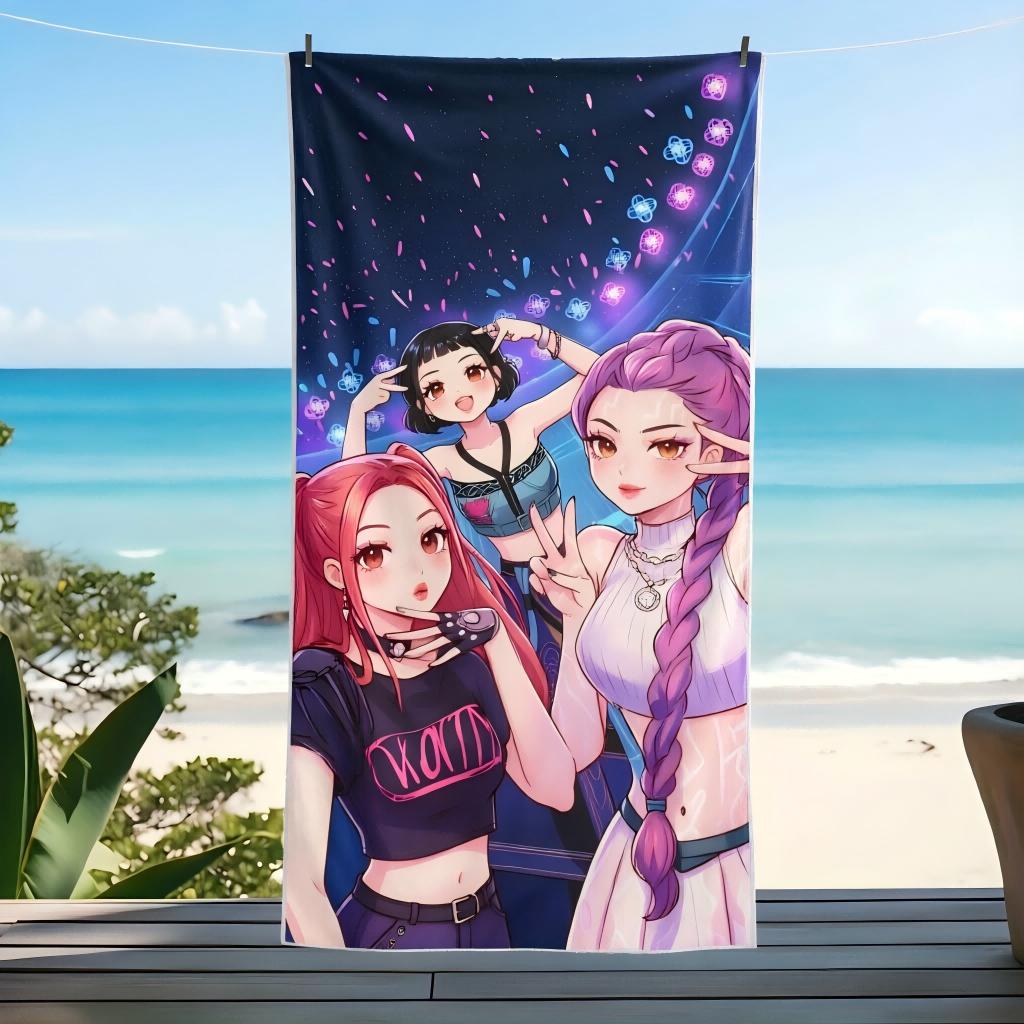 Kawaii K-Pop Girl Group Beach Towel, Cute Anime Idol Selfie Print, Soft Microfiber Quick Dry Towel for Pool Travel