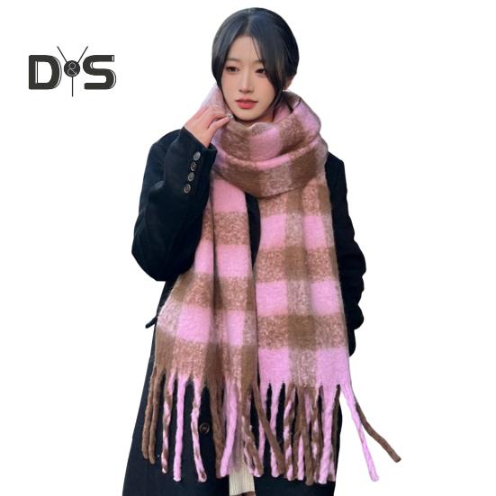 Women Scarf Plaid Print Thickened Warm Long Shawl with Tassel Trim Versatile Winter Blanket Wrap Daily Wear