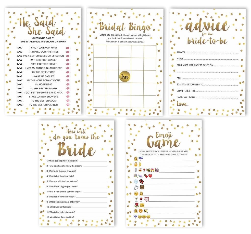 Inkdotpot Gold Confetti Theme Bachelorette Party Games Set of 5 (Activities for 50 Guests) Fun Bridal Shower Games Set Bundle