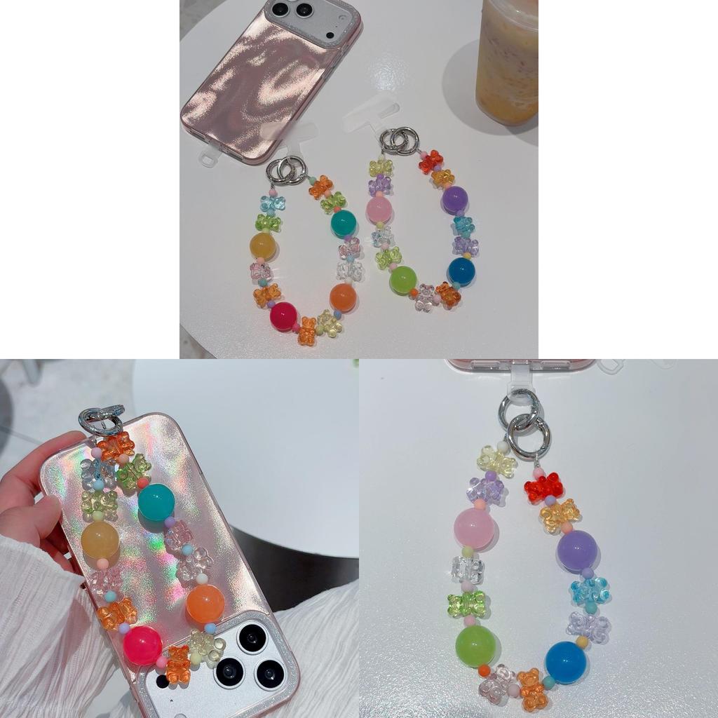 Colorful Bear Keychain For Bags And Pvc Phone Strap With Beads And Cards