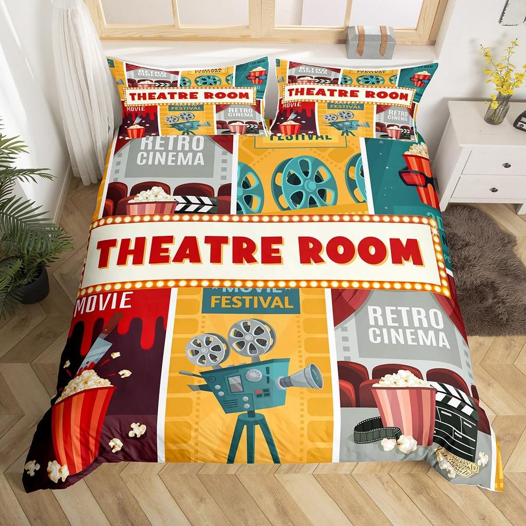 Movie Themed Bedding Set Full Queen for Boys Girls Family Home Theater Decor Vintage Comforter Cover Film Theme Duvet Cover Set
