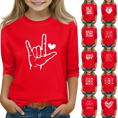 Tryckta toppar för unga flickor 5-16 år Rund hals 3/4 ärm T-shirts Trendiga toppar Outfit T-shirts