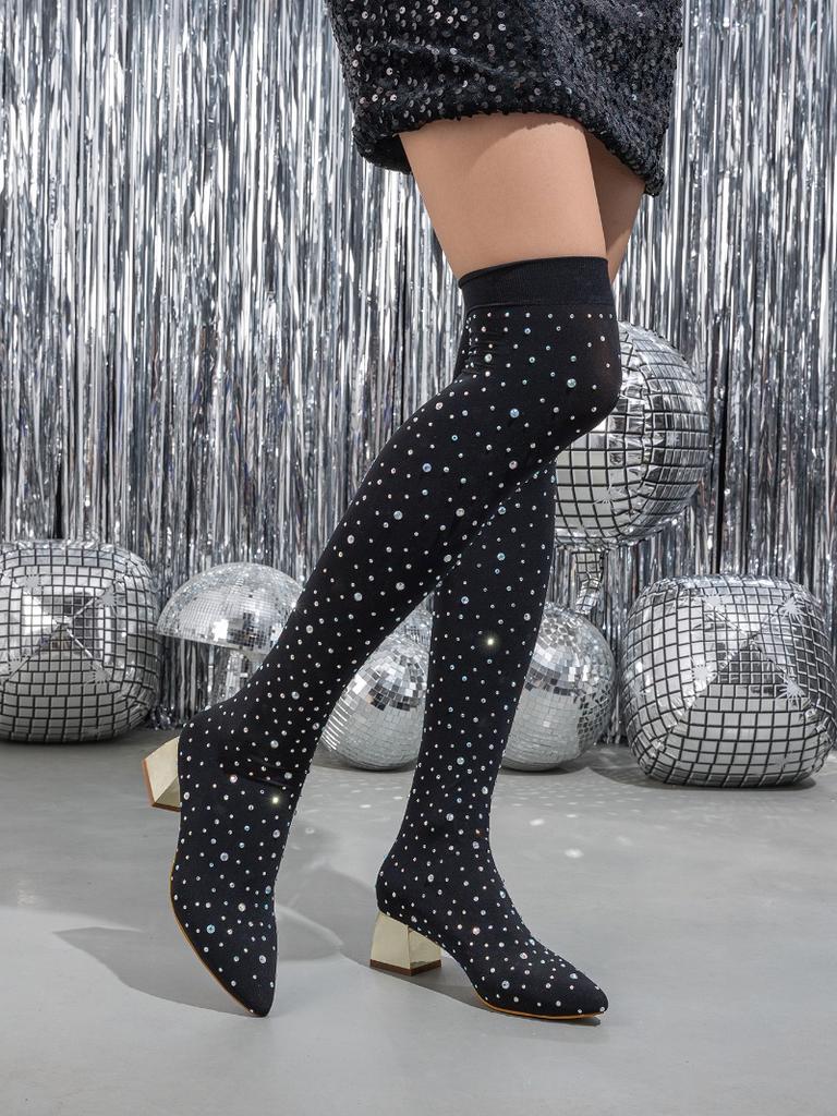 Bottes Sexy Noires Élastiques Automne Hiver pour Femmes, Talon Épais Strassé, Mode Club Nuit Pointues Surdimensionnées