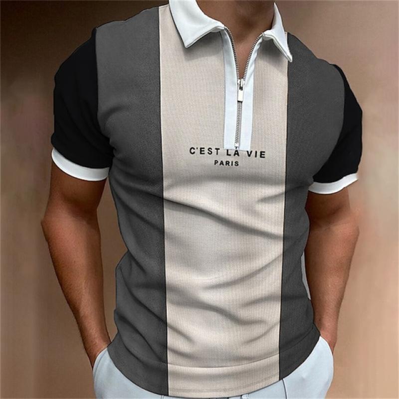Striped Short Sleeve Polo Shirt, Half-Zip Slim Fit Casual Top