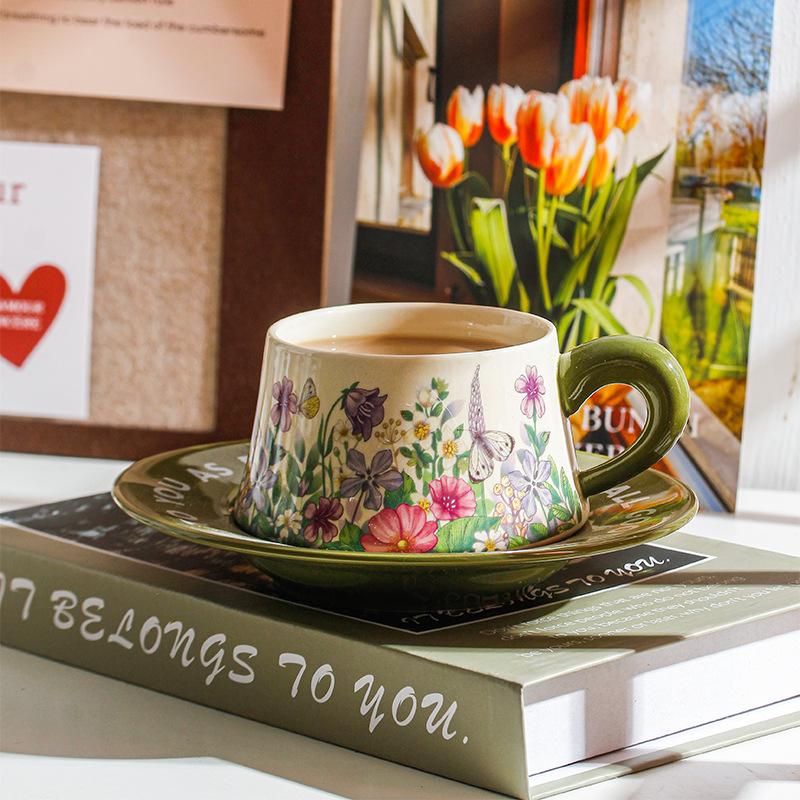 Retro Ceramic Cups And Saucers, Antique Oil Painting, Green Wind Chimes, Flower Coffee Cups And Saucers, Hepburn Style Afternoon Tea