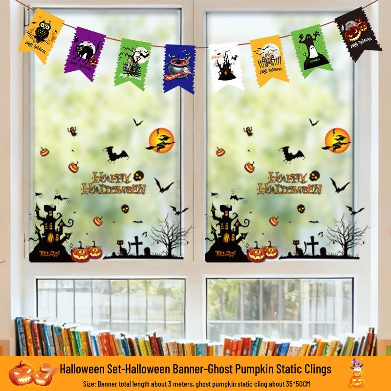 Kürbis Fenstersticker & Atmosphären-Flaggen - Halloween Glasaufkleber für Kindergarten & Geschäfte