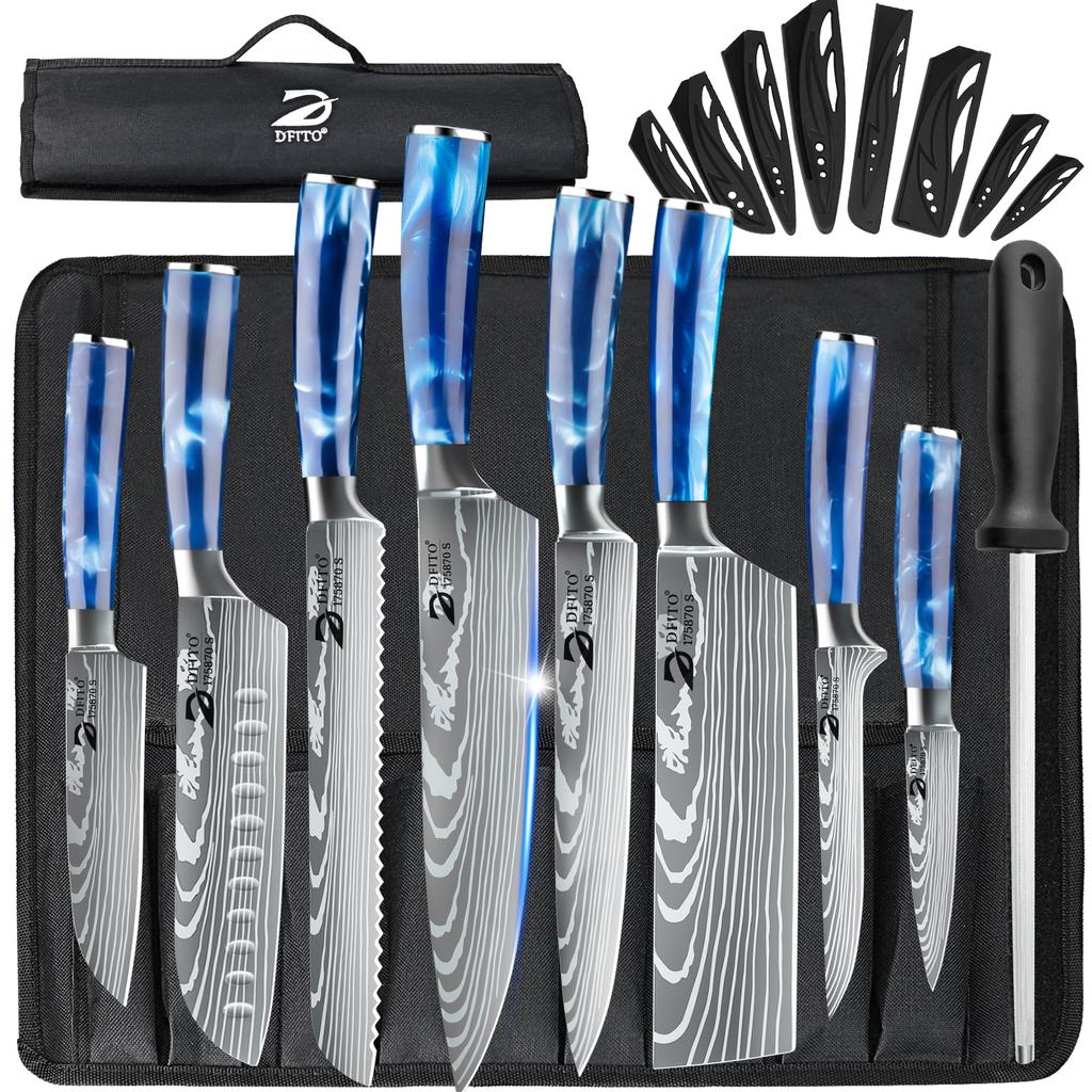 8pcs Professional Chef Knife Set with Roll Bag High Carbon Stainless Steel Kitchen Knife with Knife Sharpener, Dishwasher Safe